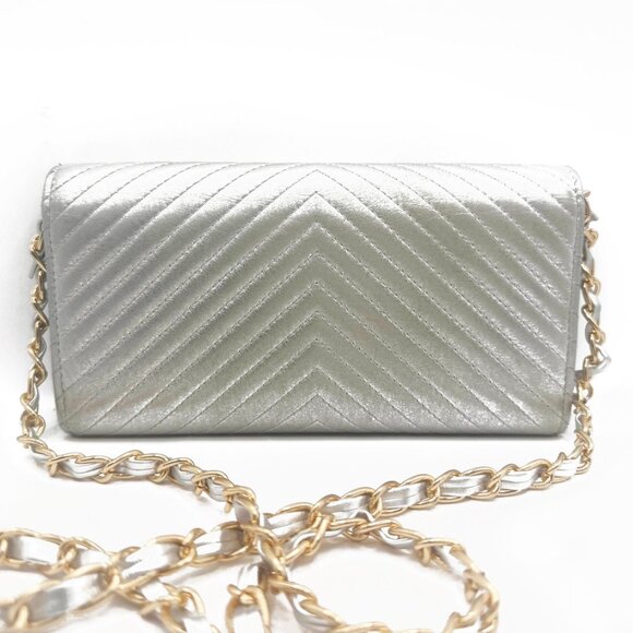 Authentic CHANEL CC Chevron Timeless Caviar Flap Wallet Chain Purse Silver Bag - Picture 6 of 14